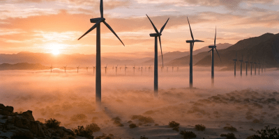 Wind turbines in a foggy desert at sunrise with mountains in background
