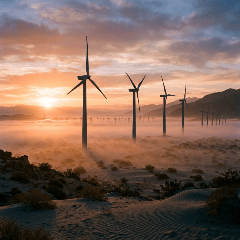 Wind turbines in a foggy desert at sunrise with mountains in background